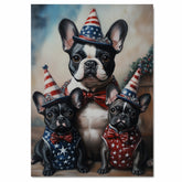 Mother French Bulldog with Three Puppies Wearing Patriotic Hats and Star Spangled Outfits for Independence Day on Ready to Hang 1.5" Thick Canvas Wrap, Floating Framed Canvas, Flat Rolled Canvas